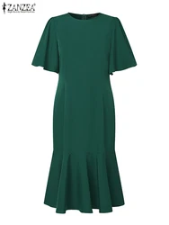 Summer Solid Party Dress ZANZEA Fashion Short Sleeve Slim Fit OL Vestidos Robe Femme Elegant Work Office Sundress Midi Dresses