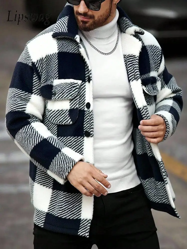 

Vintage Plaid Furry Fleece Overcoats Mens Fall Winter Casual Lapel Button-up Cozy Jackets Men Stylish Patchwork Outerwear