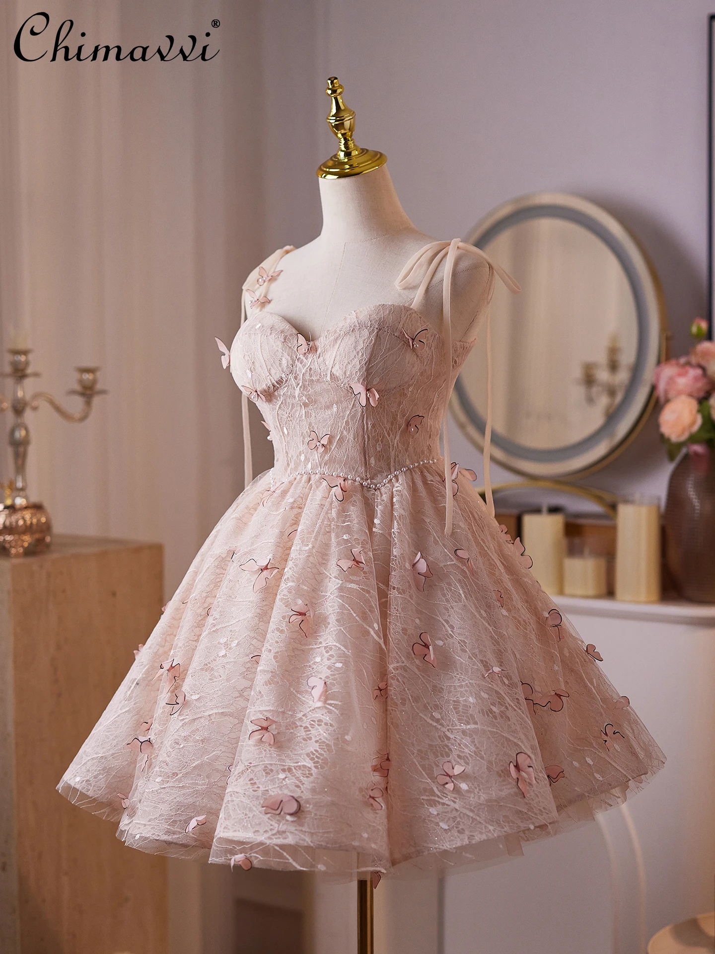 Abito da sposa corto gonfio rosa abito formale corto 2026 nuovi abiti da principessa in rete eleganti per ragazze dolci di fascia alta per feste di compleanno