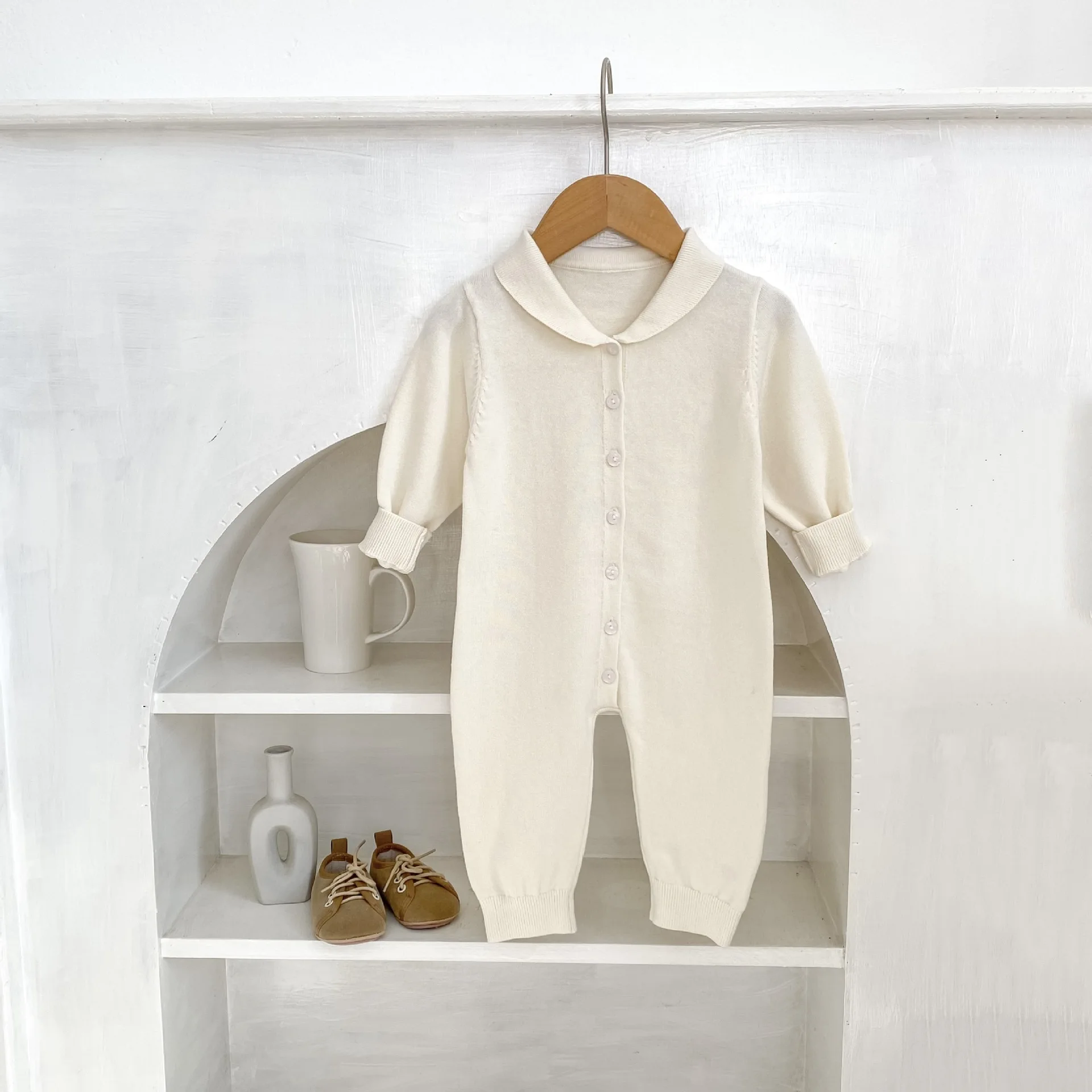 2025 Fall Baby Overalls Notched Collar Single Row Buttons Long Sleeve Unisex Jumpsuit 0-24 Months