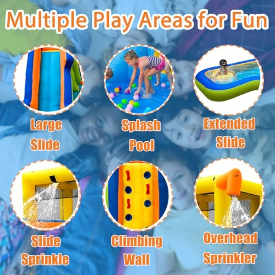 Outdoor inflatable water slide bounce house for backyard use, PVC material, blue and yellow, 6-in-1 wet/dry play with climbing view 4