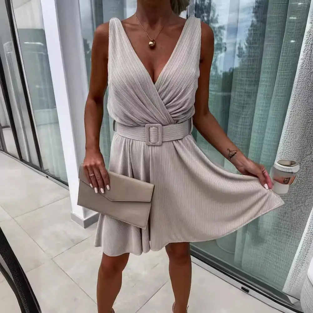 A-line Dress Women Slim Fit Dress Elegant Women's Pleated V Neck Midi Dress with Belted Waist for Parties Proms Evening Events