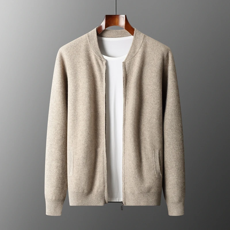 

100% Cashmere Coat Men's Thick Stand up collar Cardigan Autumn Winter New Baseball Shirt Solid Color Casual Warm Zipper Jacket