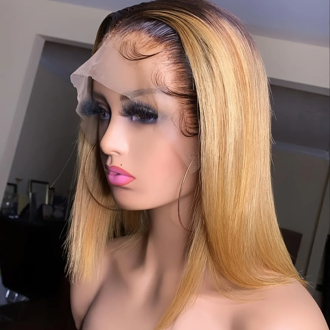 Ombre Honey Blonde T1B/27 Bob Wig Human Hair Preplucked Bob Wigs Colored 13x4 Lace Brown with Dark Roots Bob Wig image 5