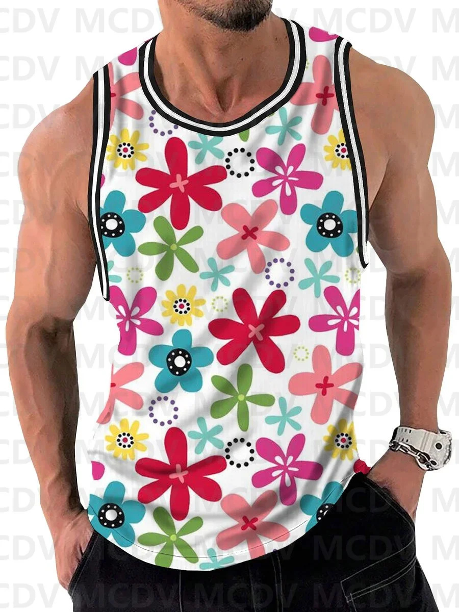

Men's Colorful Cartoon Floral Print Round Neck Tank Top 3D Printed Tank Tops Men Summer Tops