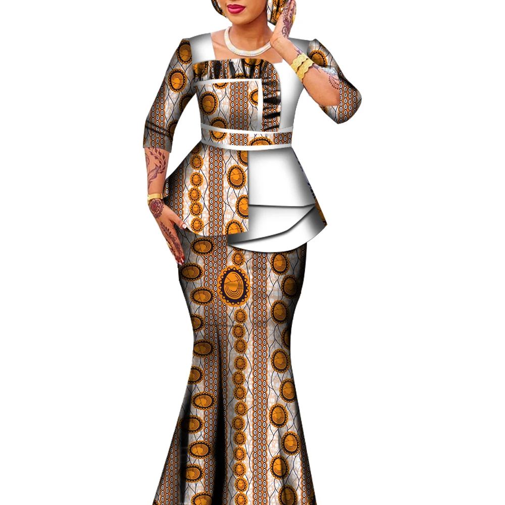 2 Pieces Set African Print Skirts & Tops African Outfits for Women Ruffles Blouse and Long Skirt Plus Size Suits WY6592
