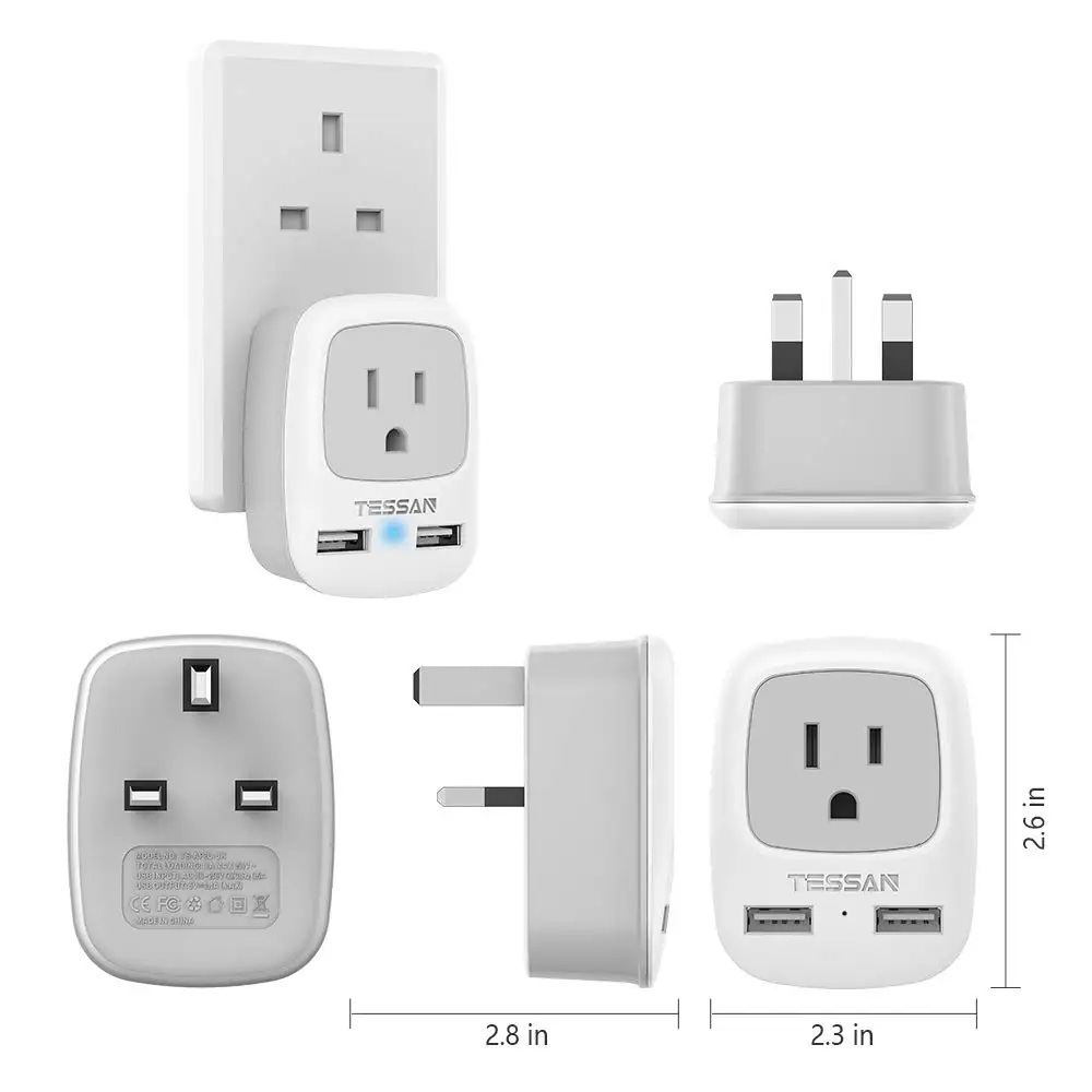 TESSAN 3 in 1 Type G Travel Power Plug Adapter with 1 AC Outlets & 2 USB Ports, US to UK Travel Adapter for Ireland Scotland