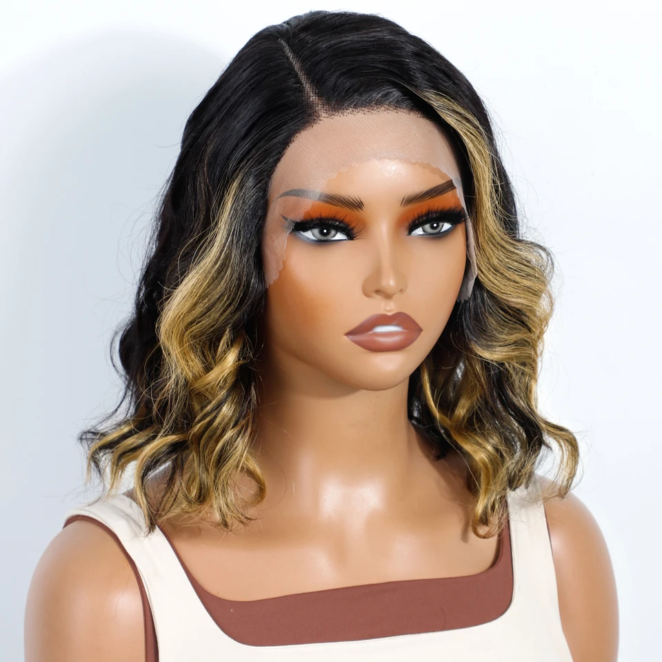 Eleganckie, krótkie peruki bob z włosów naturalnych dla kobiet, blond peruki typu lace front, brązowe peruki typu bodywave z koronką, peruka w kolorze 99J czerwonej.