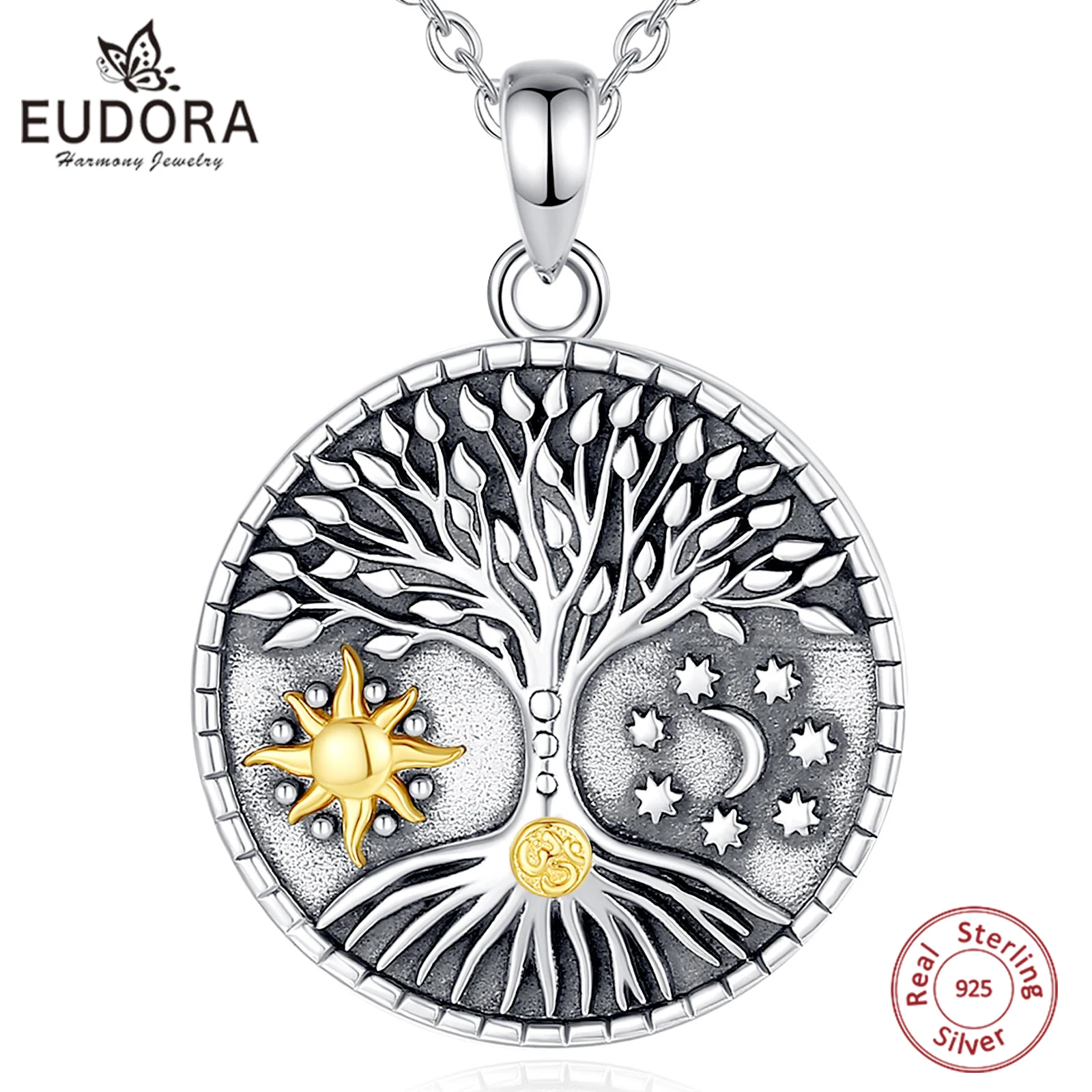 Eudora 925 Sterling Silver Tree of Life Necklace for Women Man Vintage Sun Moon Star Om Amulet Pendant islamic jewelry Fine Gift