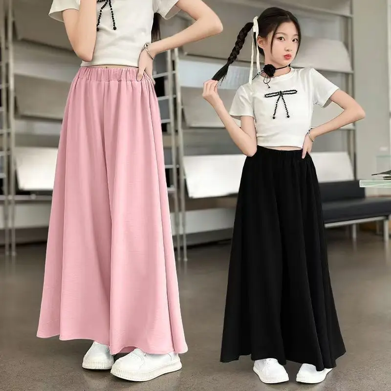 2025 GREEN summer Teenager Girls Children ice silk wide leg loose dance retro Pants 5 8 10 12 14 Years Baby Trousers Kids