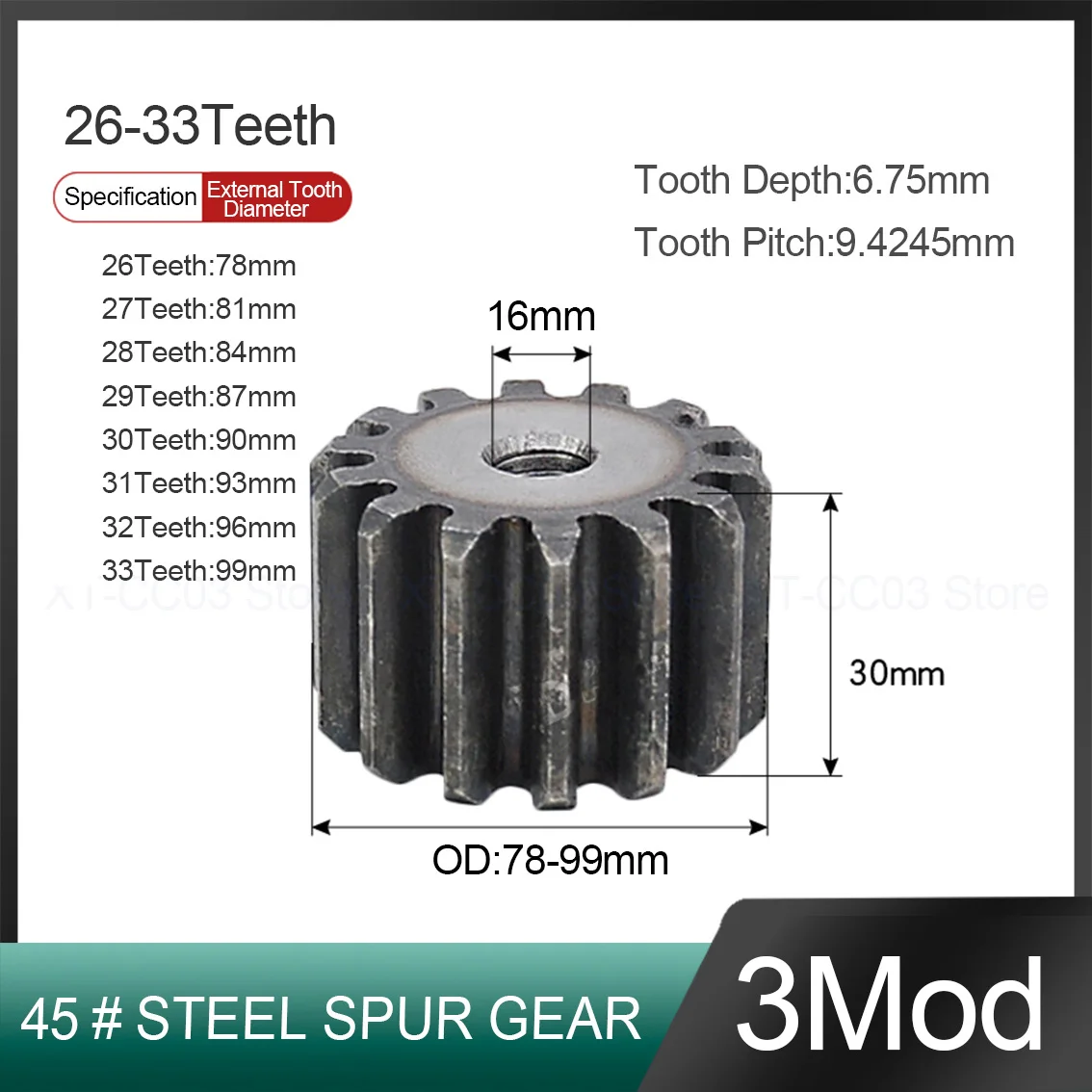 1Pcs 3 Mod Spur Gear 26-33 Teeth 45# Steel Cylindrical Double-sided Flat Gear Pitch 9.42mm Precision Transmission Accessories
