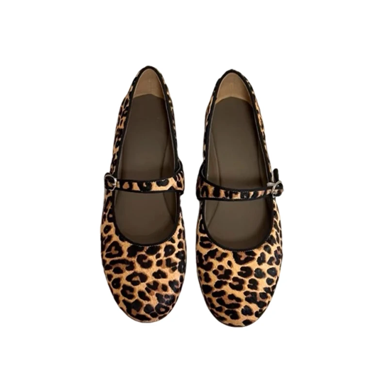 Scarpe da donna con stampa leopardata in vera pelle di vacchetta Scarpe da balletto con tacco spesso primavera autunno da donna Scarpe piatte da donna con una fibbia Casual