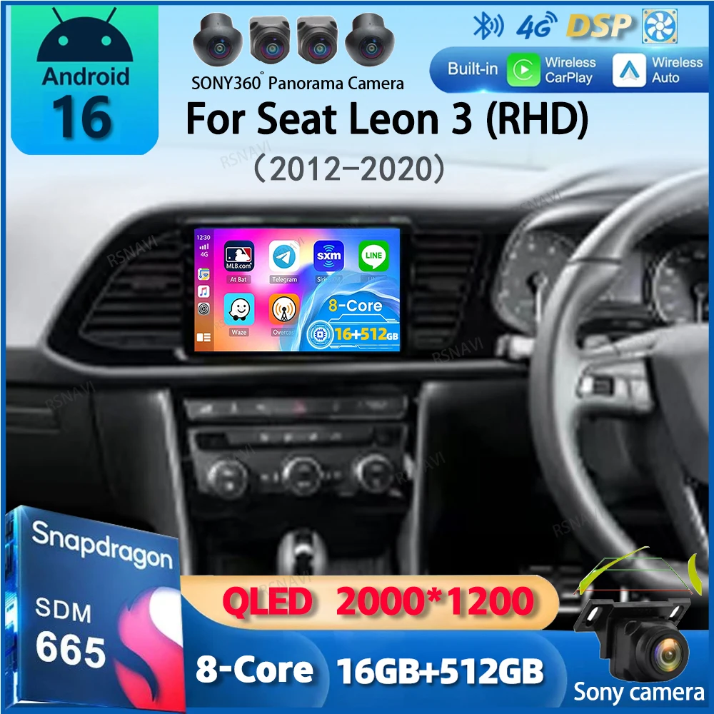 Radio para coche Android 16 Carplay para Seat Leon 3 RHD 2012 2013 2014 - 2020 Navegación GPS Reproductor Multimedia estéreo wifi+4G Auto BT