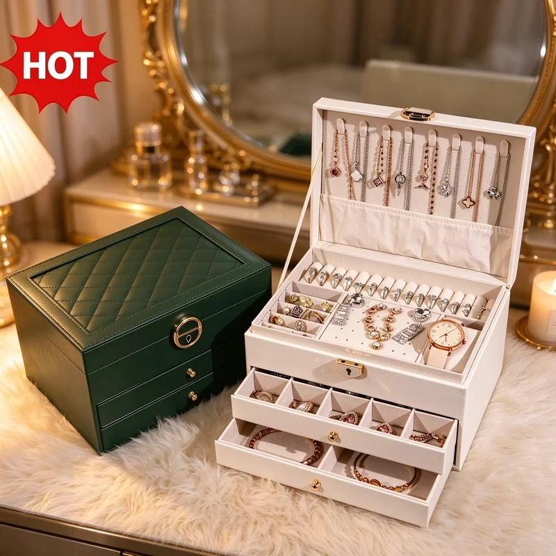 Multi-Tier Jewelry Organizer Box with Drawers, Storage Case for Rings Earrings Necklaces Bracelets