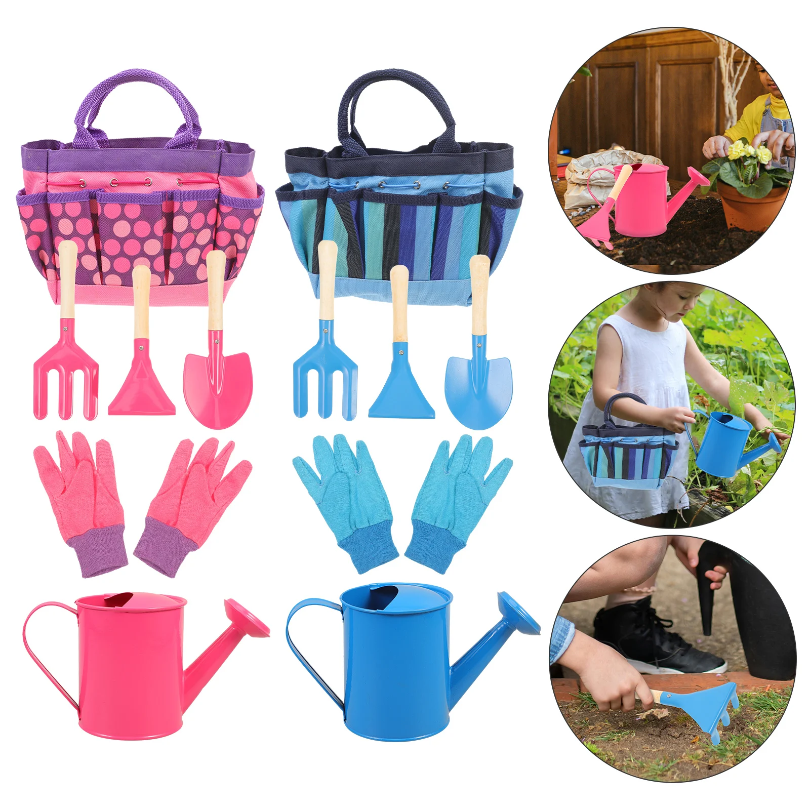Herramienta de jardinería para niños, herramientas de plantación, Kit de juguetes, regadera, guantes, pala, rastrillo, tenedor, bolsa de mano, seguro educativo