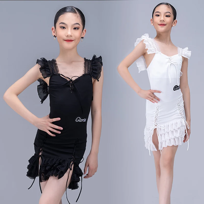 

2023 Girls Latin Dance Dress Competition Costume Black White Children Summer Practice Clothes ChaCha Performance Wear DL10628