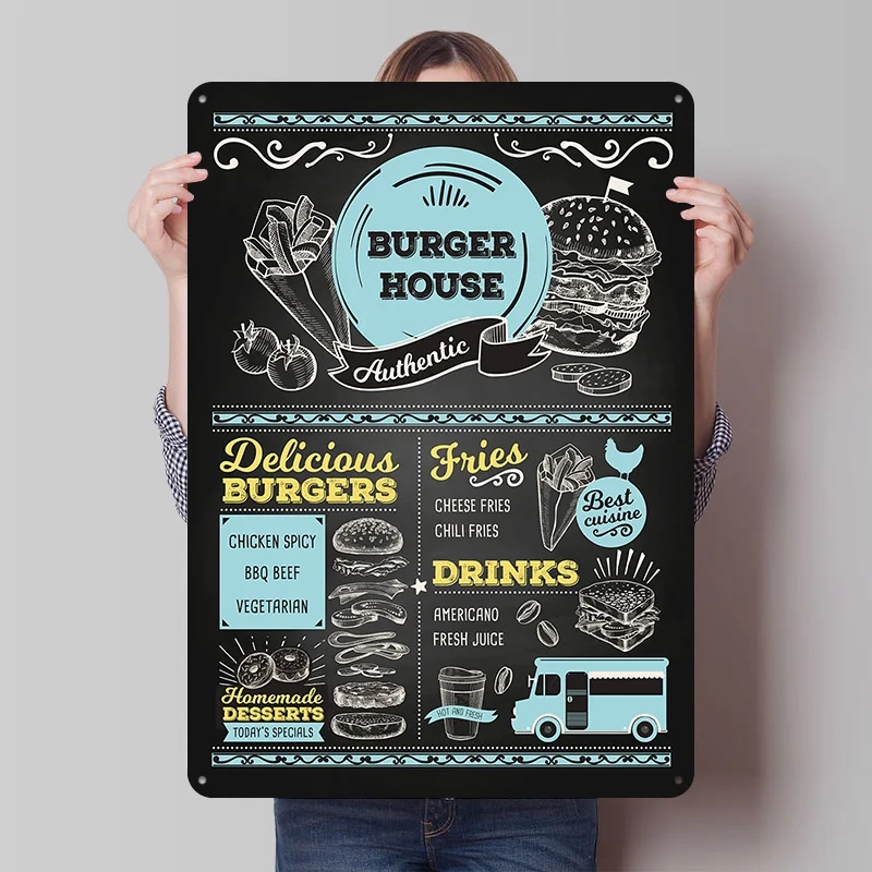 Burger House Blackboard Printed Poster Customized Retro Wall Art Vintage Metal Tin Signs for Home Decor Living Room Custom Plate
