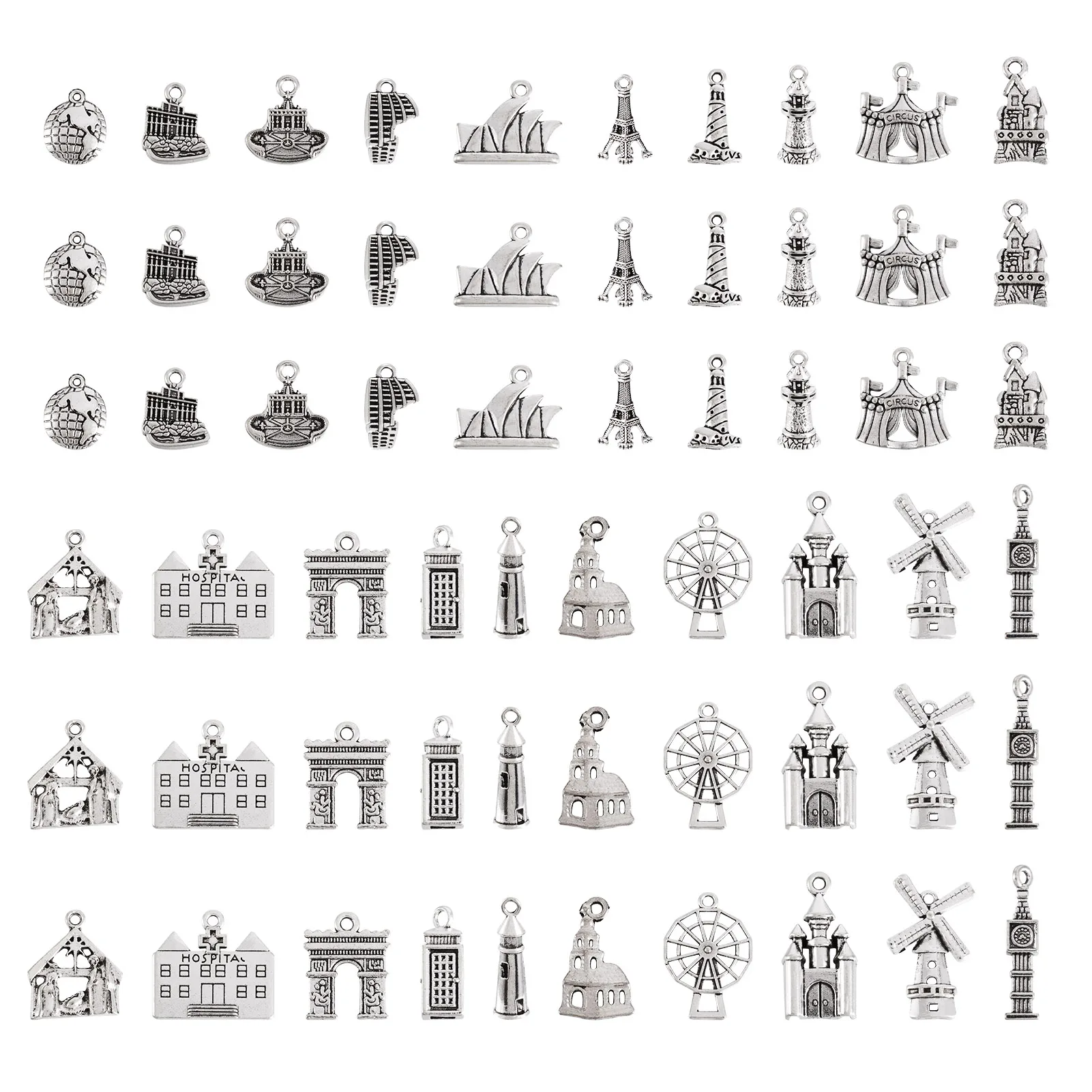 100Pcs Tibetan Style Zinc Alloy Architectural Pendants Lighthouse Castle Building Charms For Jewelry Making DIY Handmade Crafts