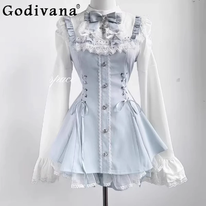 

Japanese Style Lolita Outfits Women's Blue Gothic Lace Bell Sleeve Shirt and Shorts Set Female Autumn Sweet Cute Short Suits
