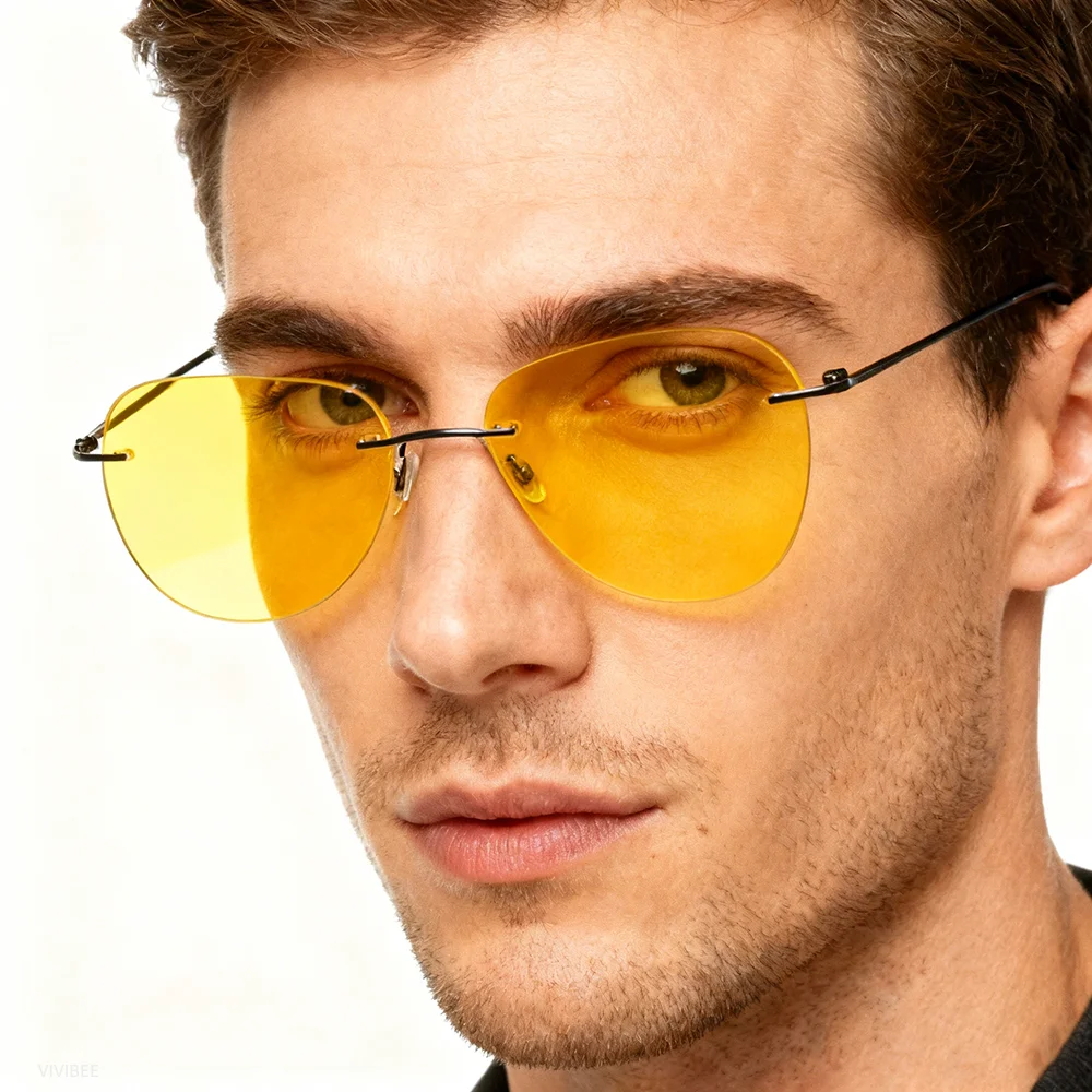 Ultraleichte Pilot Gelbe Nachtsichtbrille Herren Polarisierte UV400 Randlose Titan Luftfahrt Sonnenbrille für Damen Fahrbrille – Detail 2
