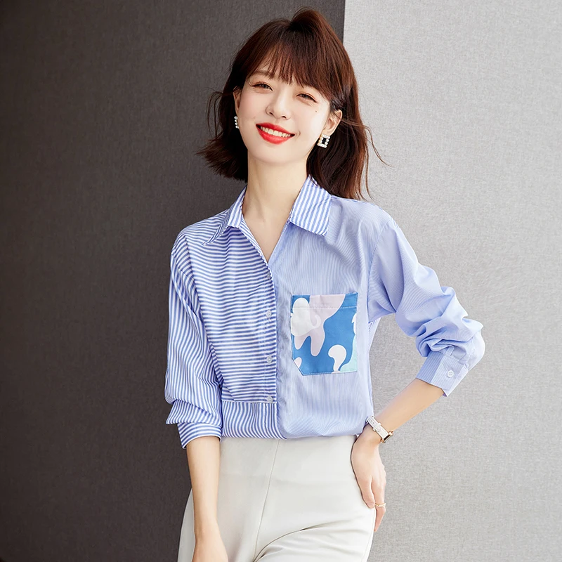 Ladies Fashion Casual Asymmetry Stripe Shirts Blouse Women Tops Woman Button Up Shirt Female Girls Long Sleeve Blouse BPyC1759