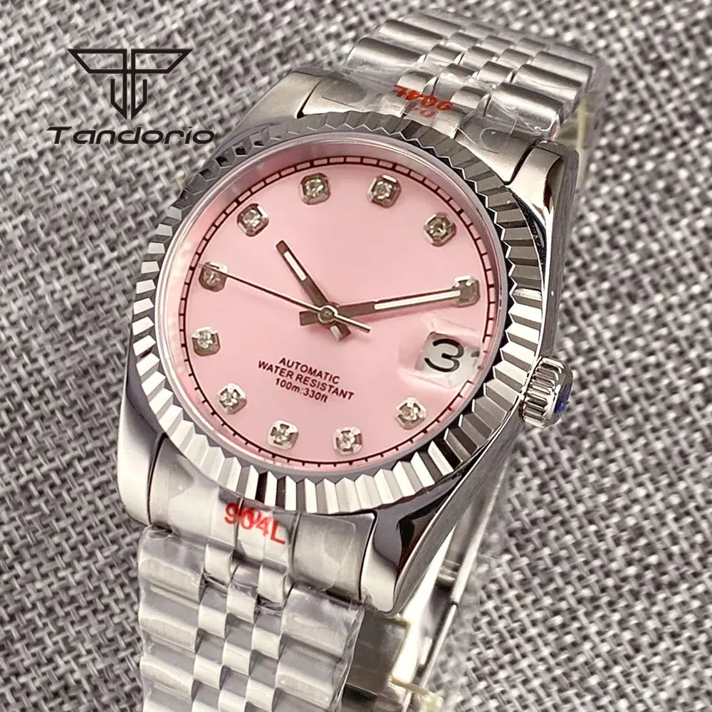 Tandorio Pink Sunburst Dial NH35 36mm/39mm Mechanical Automatic Watch for Men Lady Roman Marks Sapphire Crystal Date Luminous