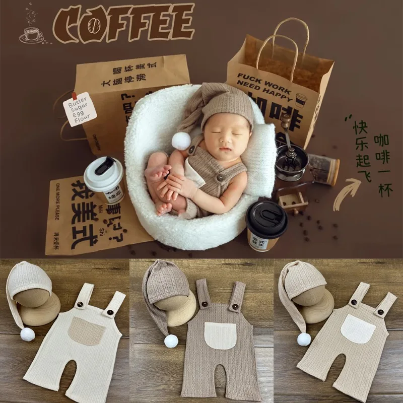 Newborn Photography Outfits Baby Jumpsuit and Long Tail Hat Sets Crochet Knitted Romper Boy Girl Overalls Photos Accessories