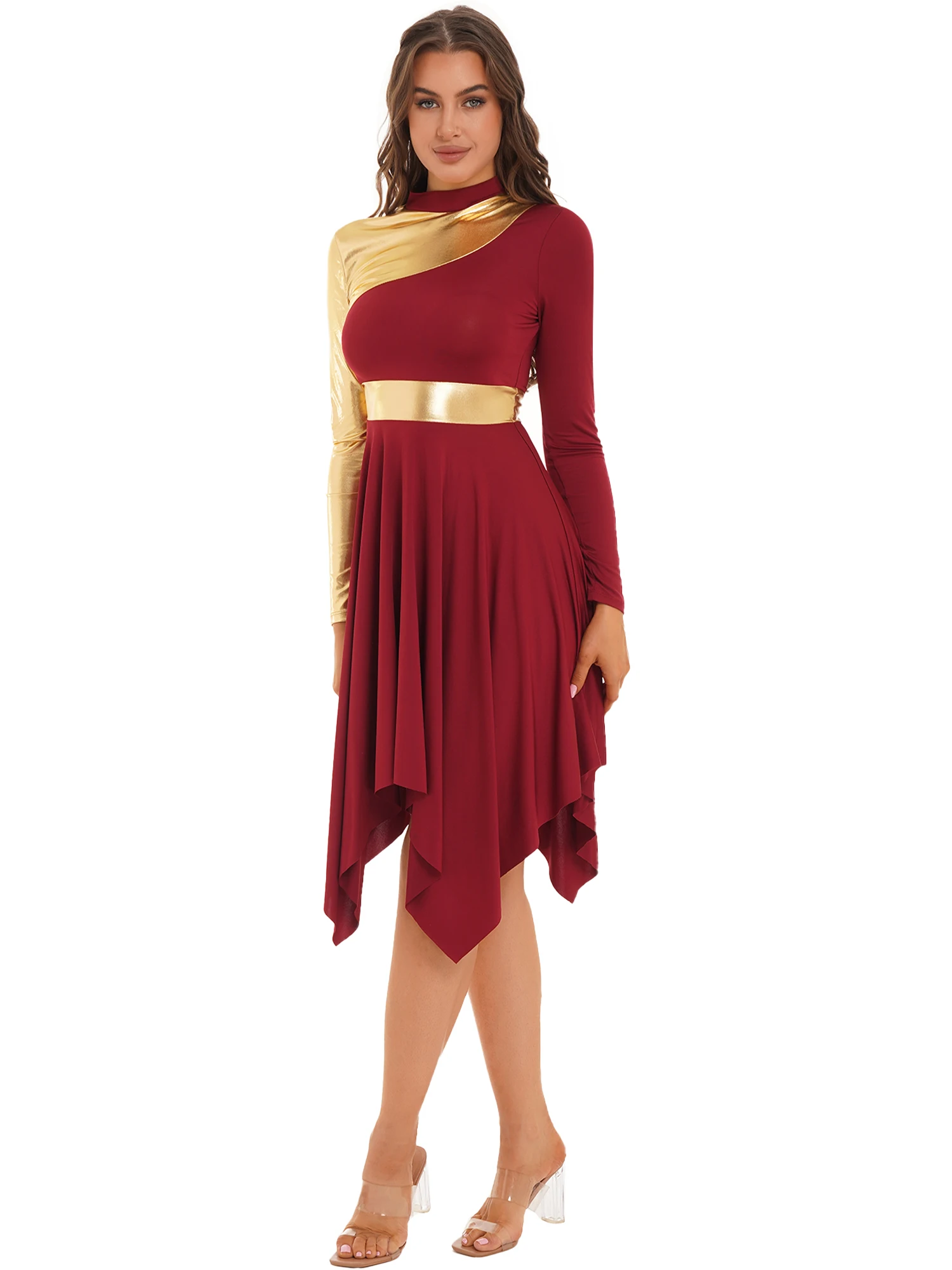 Womens Liturgical Lyrical Dress Worship Praise Dance Costume Outfit Long Sleeve Dress with Wide Leg Pants Chior Church Dancewear