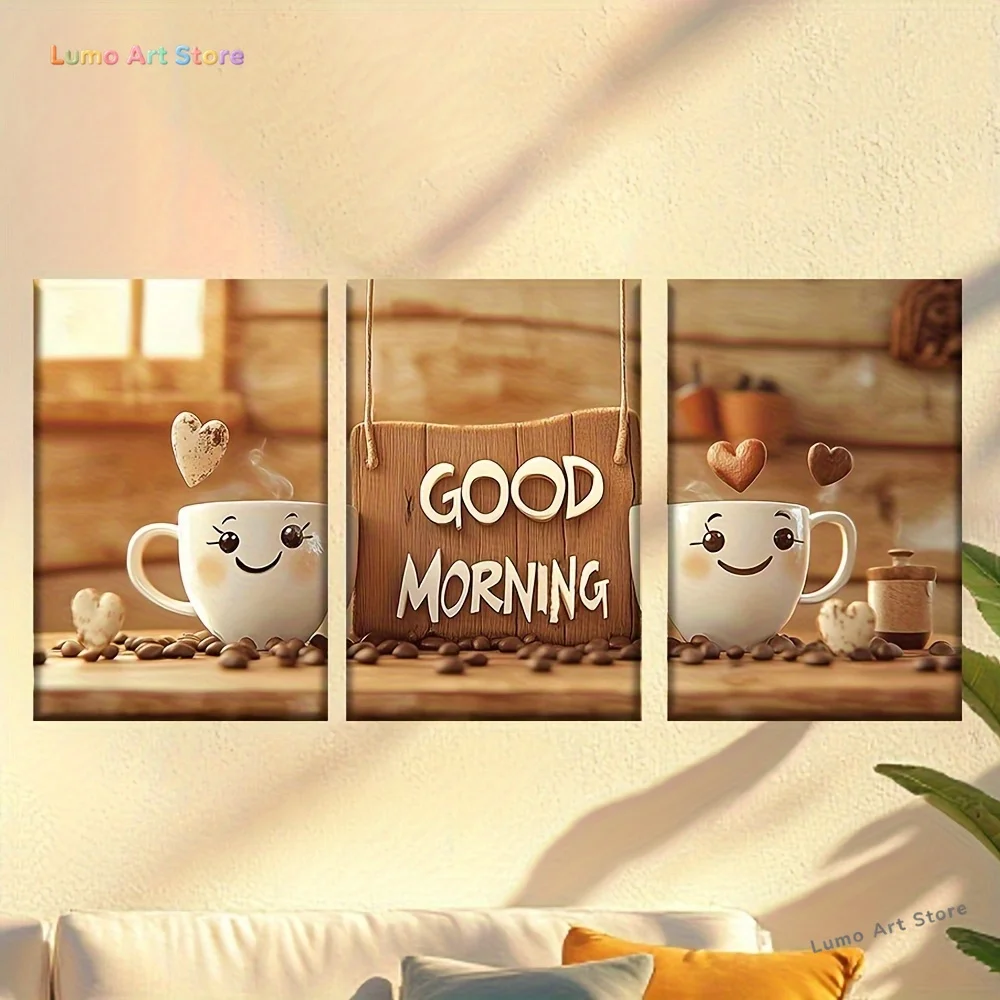 3pcs Cute Coffee Bean & Smiling Coffee Cup Emoticon Wall Art - Modern Abstract Coffee Beans Paintings, Unframed Canvas Poster