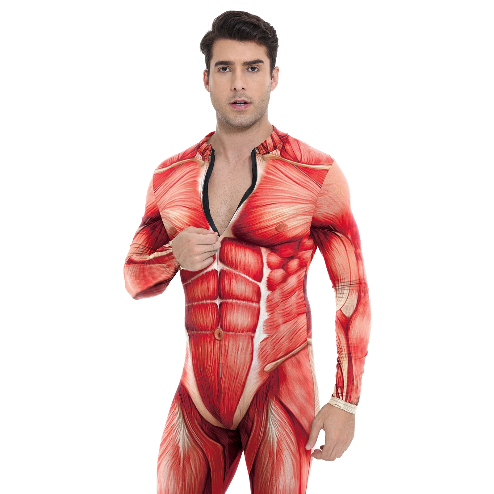 

Men Halloween Jumpsuit Muscle Hero Cosplay Costume Front Zipper Zentai 3D Printing Adult Giant Bodysuits Carnival Party Outfit