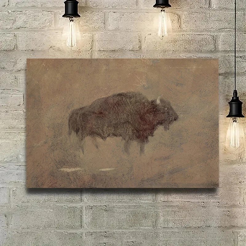 Framed Canvas Wall Art Vintage Bison Oil Painting Style Print Wildlife Animal Artwork Living Room Bedroom Farmhouse Home Decor