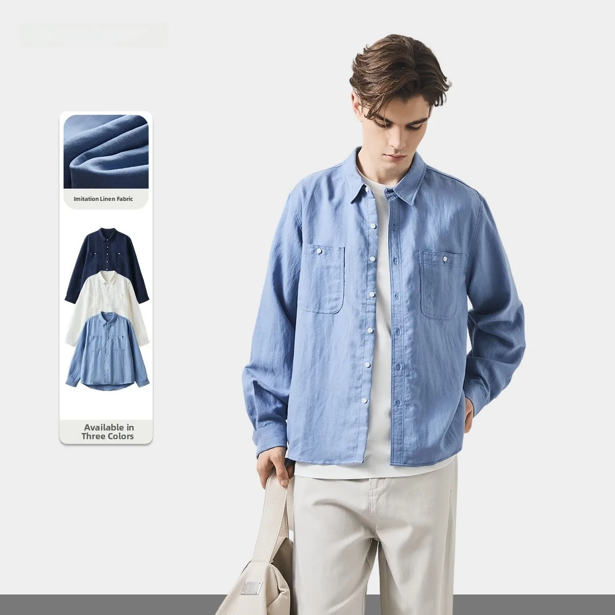 

Anti-Wrinkle Wool Blend Men's irt Loose Fit Casual Sle Long Sve Spring Season Lenzing Fabric Drapey Comfortable Menswear