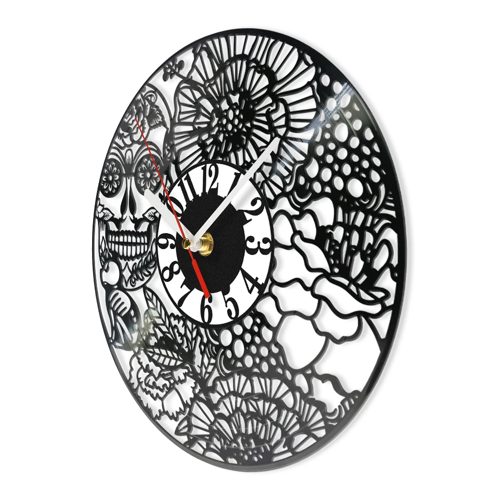 Floral Sugar Skull Vinyl Record Wall Clock Day Of The Dead Gothic Art Home Decor Laser Cut Longplay Retro Music Album Wall Clock