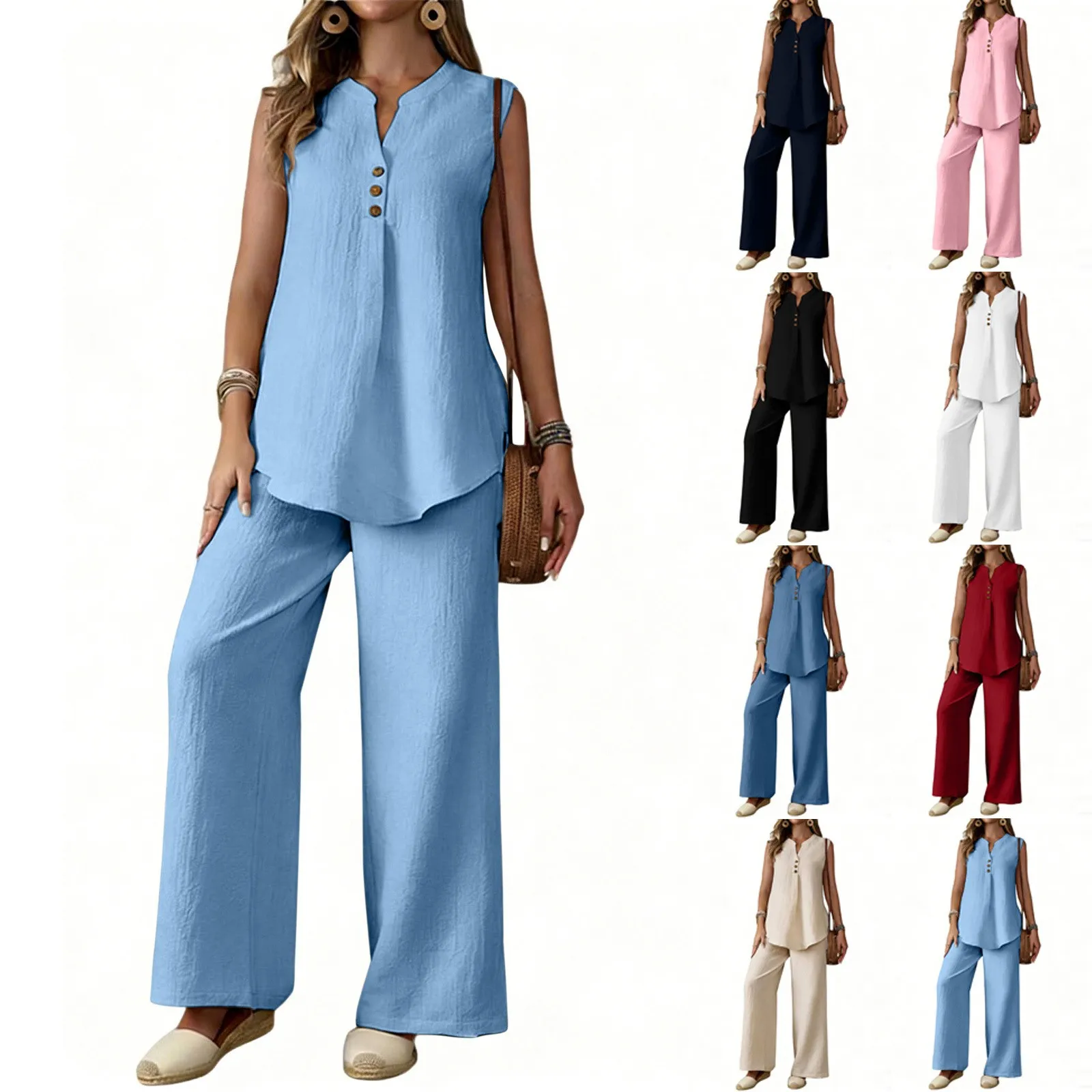 

Casual Spring Summer Blouse Sleeveless V Neck Solid Color Top Lightweight Loose Fit Shirt Blue White Pink Tunic Asymmetrical