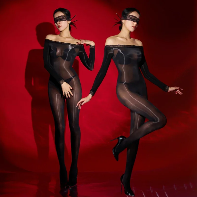 Men Women Sexy Lingerie Sheer Bodystocking Oil Shiny Pantyhose High Elastic Tight See Through Bodysuit Underwear Crotchless