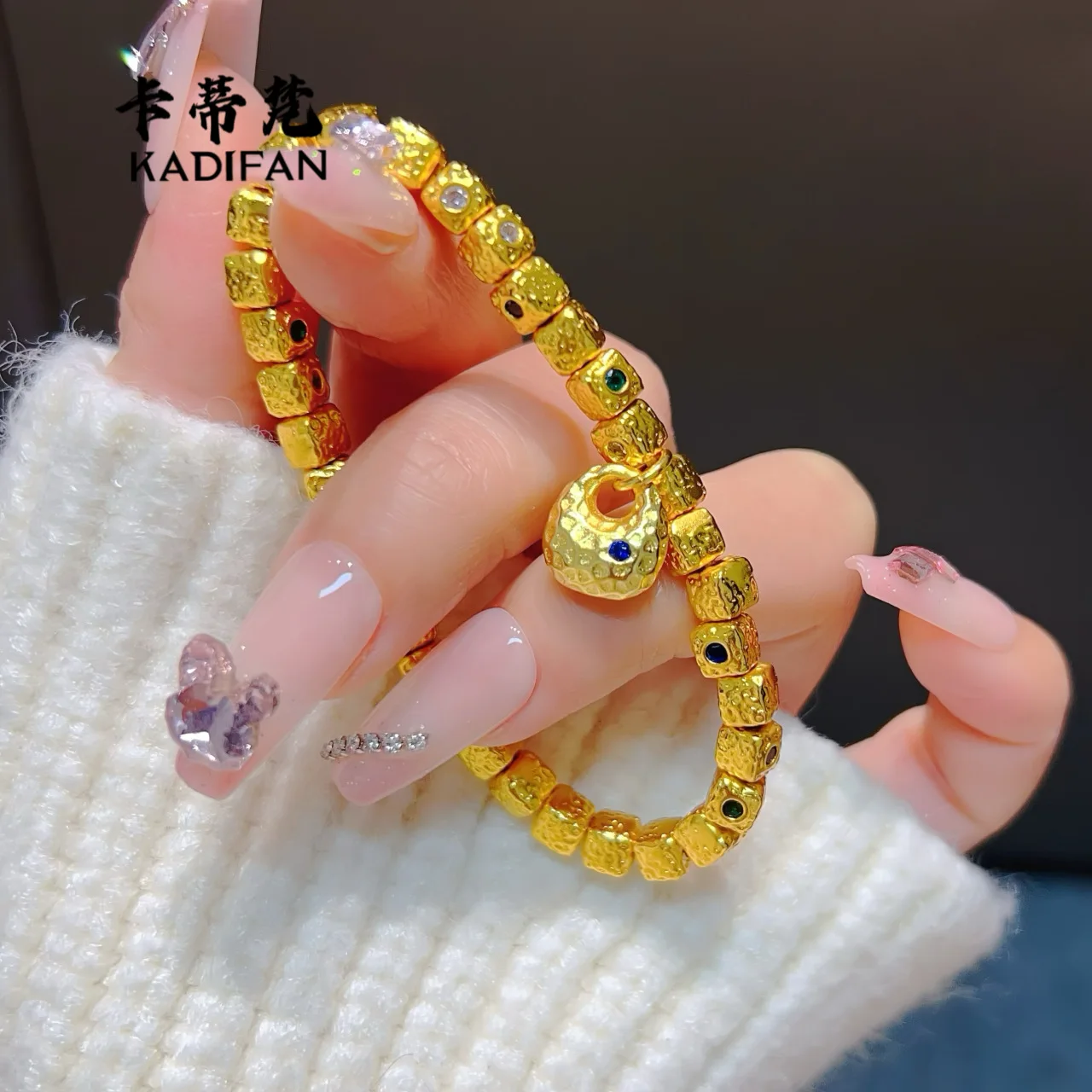 Gold shop 24K real gold hammer pattern colored sugar cube ancient bracelet for women au999 gold color treasure bracelet