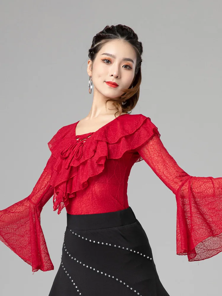 

Топ для латинских танцев, женский новый топ для бальных танцев, вальса, бальных танцев, топ с роговыми рукавами, тренировочная одежда 6018