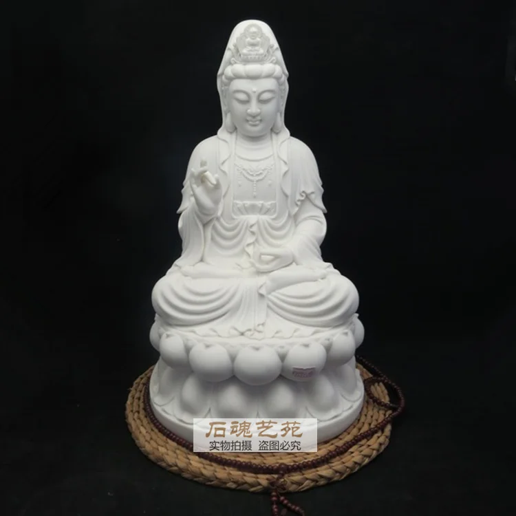 28.5cm LARGE family efficacious Talisman Guanyin Buddha FENG SHUI royal White marble engraving Sculpture statue