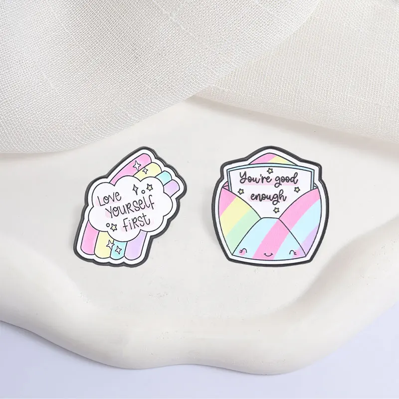 Love Yourself First Enamel Pins You're Good Enough Cute Cartoon Metal Brooches Fashion Lapel Badge Backpack Clothes Jewelry Gift