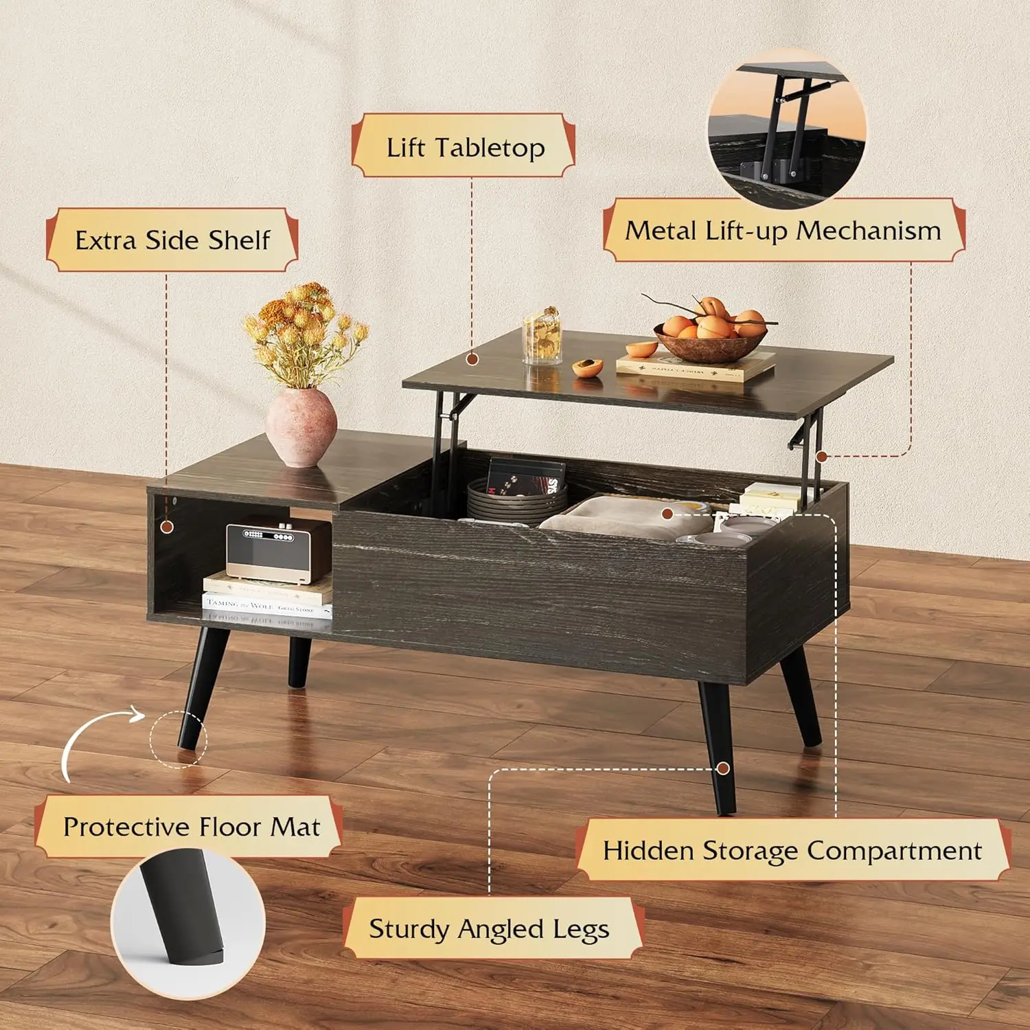 Meja Kopi untuk Ruang Tamu, Meja Kopi dengan Penyimpanan dan Bagian Atas yang Dapat Diangkat, Meja Makan Kayu Kecil dengan Penyimpanan