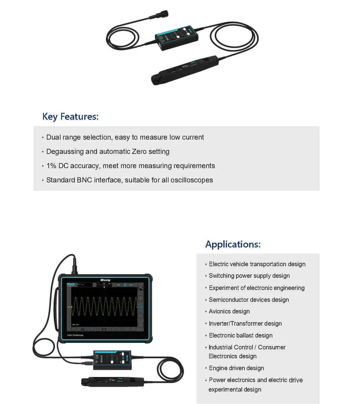 Датчик переменного/постоянного тока Micsig CP2100A/B, 2,5 МГц, 10 А/70,7 А, максимальный измерительный ток APK Arms (DC + ACpk)z 10 А