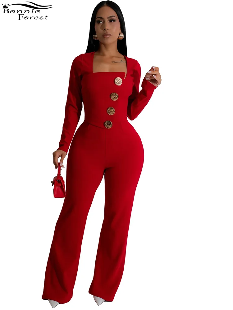 Bonnie Forest Women Casual Long Sleeve Button Fitted Jumpsuit Elegant Chic Gold Accent Button Jumpsuits Romper One Piece Outfits