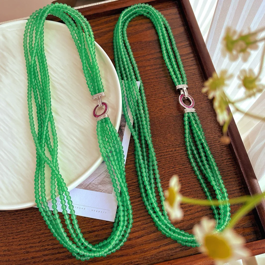 

Granny Antique Wind 4mm Quartz Rock Vintage Multilayer Millet Bead Necklace Extended Sweater Chain Emerald Green