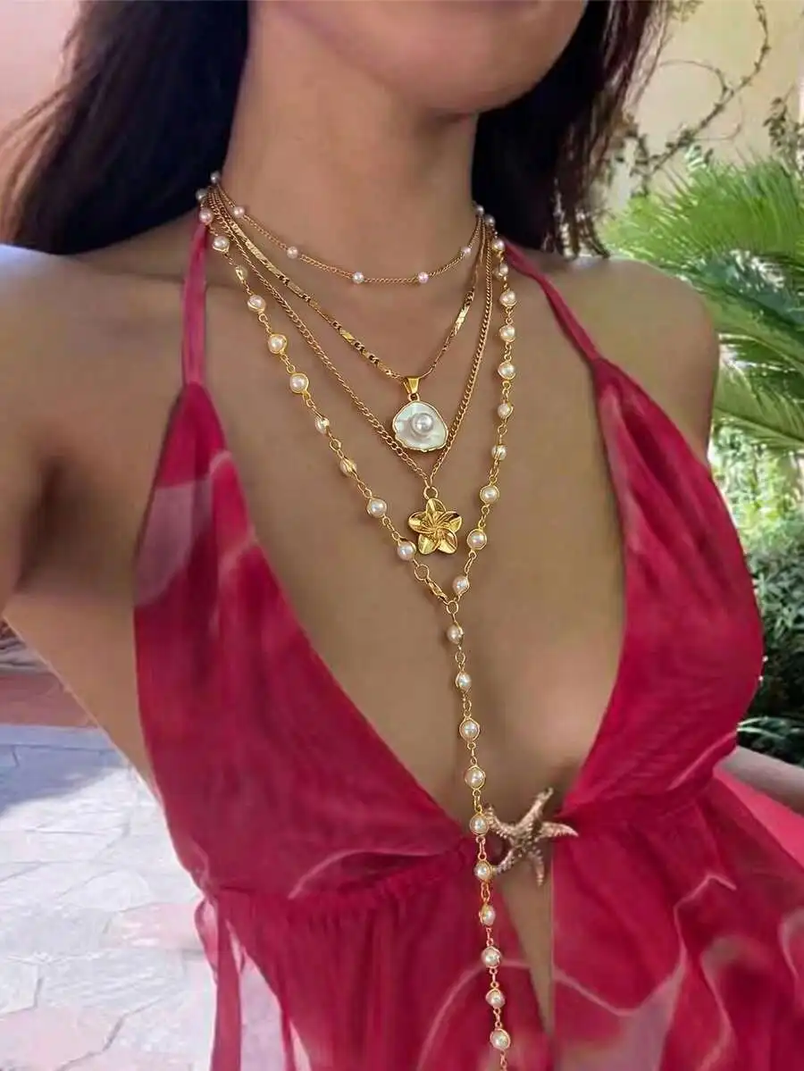

4pcs Layered Pearl Flower Starfish Pendant Necklace Set For Women