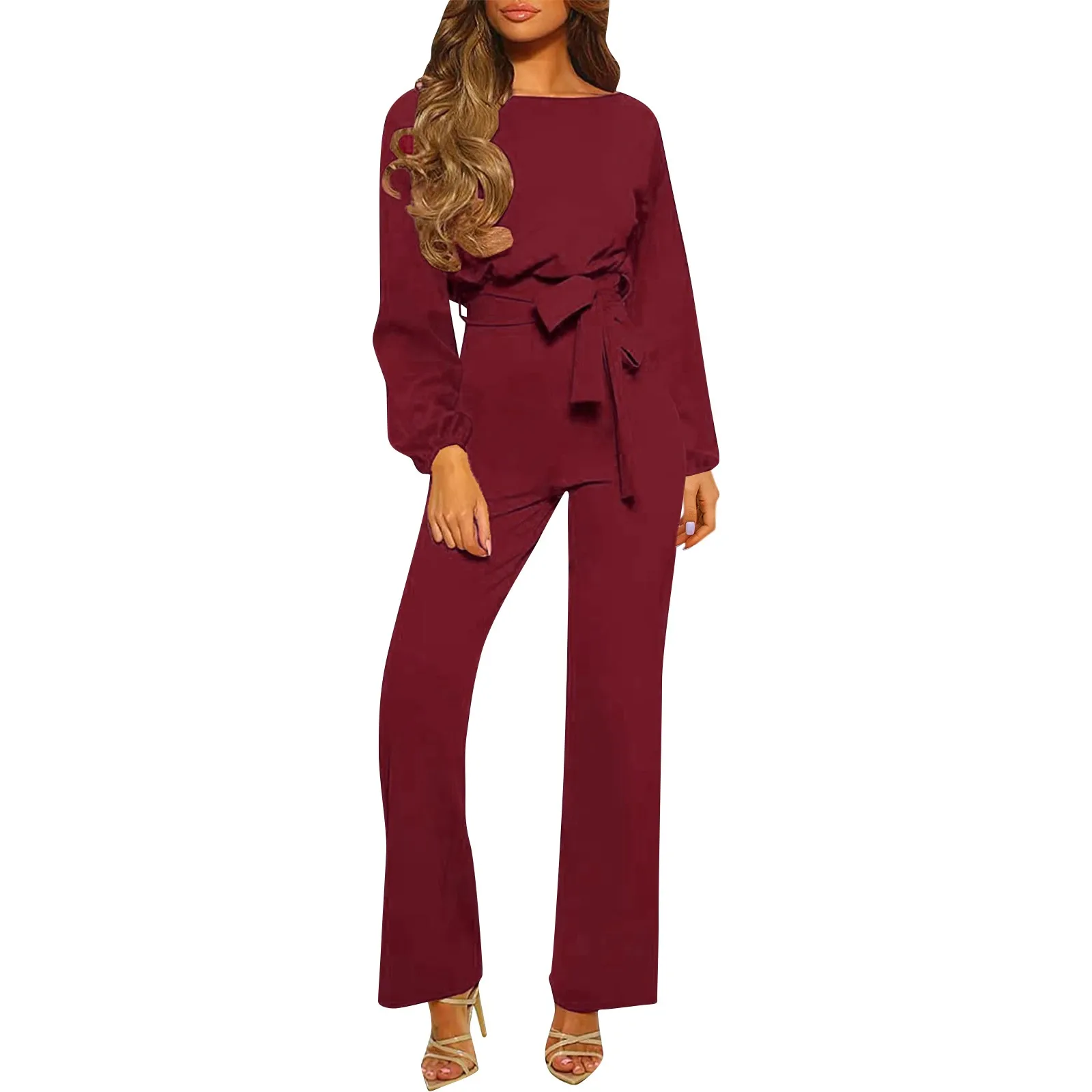 Dames Casual Mode Ronde Hals Lange Mouwen Hoge Taille Bijpassende Riem Jumpsuit