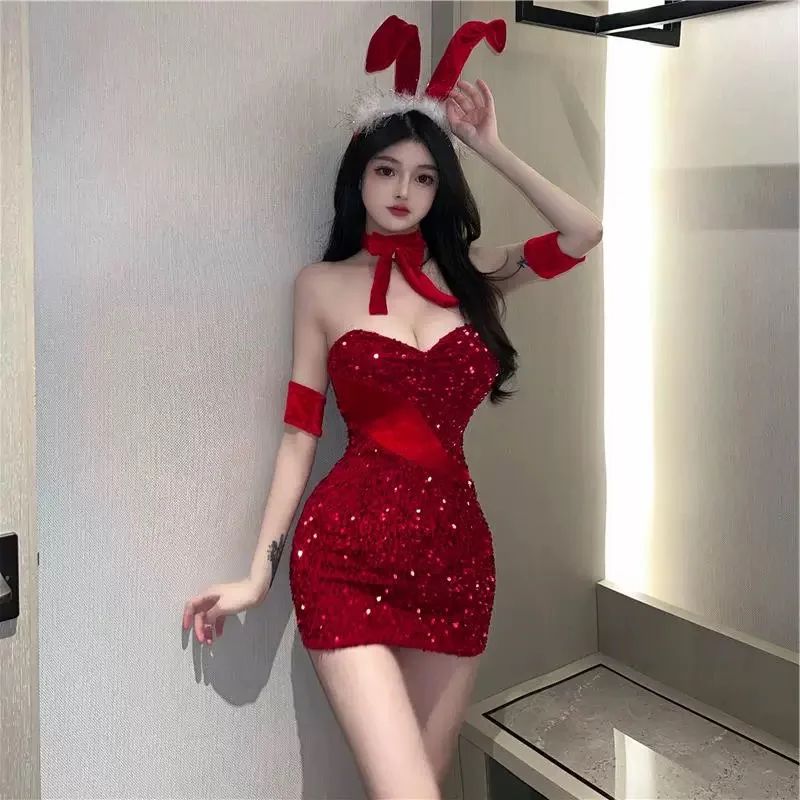 Bling Bright Red Christmas Sequins Sets Women Lady Girl Night Party Club Sets Skinny Slim Dress Strapless Sexy Charming Nighty