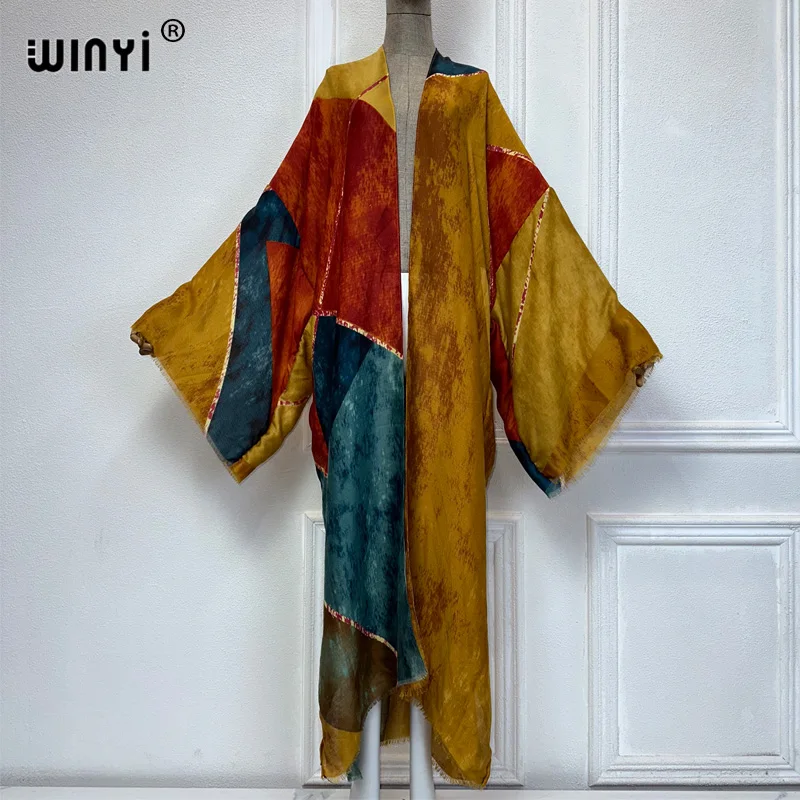 WINYI summer kimono beach wear women 2024 Africa dress bikini cover up Cardigan Geometric print abayas dubai luxury muslim dress