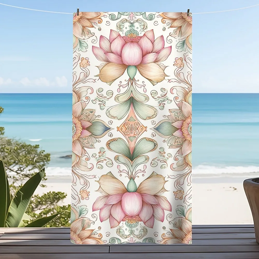 Bohemian Lotus Floral Beach Towel Patterned Sunscreen And Windproof Suitable For Swimming Pool Camping Travel Blanket