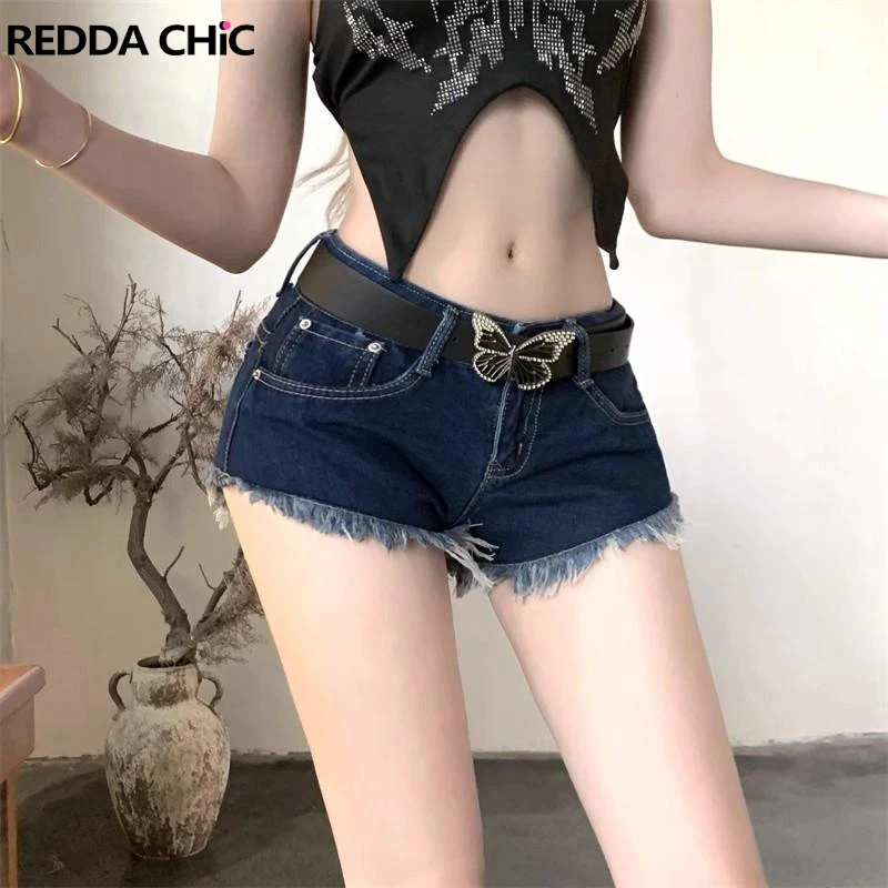 

ReddaChic Butterfly Belt Denim Shorts Women 2-piece Pants Set Vintage Blue Jeans Frayed Bootypants Bottoms Summer Y2k Streetwear