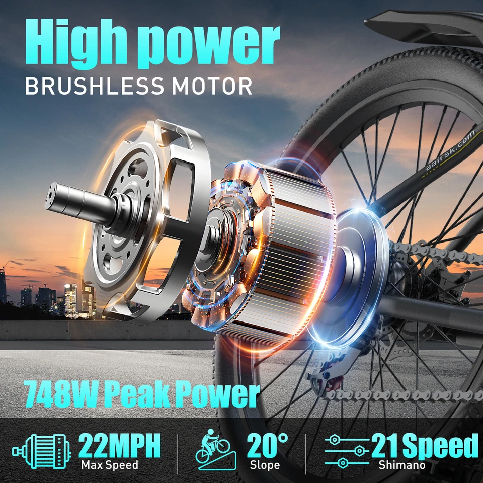GT300 26 Inch Adults Electric Mountain Bike Ebike, 748W Peak 400W Rated Motor, 22MPH Max Speed, 36V 10Ah Removable Lithium Battery, Shimano 7‑Speed Gears, Lockable Front Shock Absorber Dual Disc Brake for Commuter Off‑Road Riding image 5